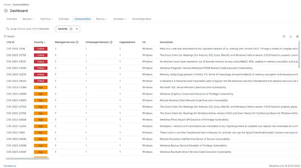 Lista de vulnerabilidades en NinjaOne