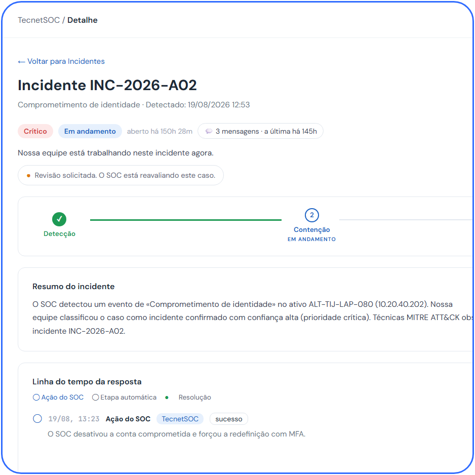 Detalhe de um incidente no portal TecnetSOC