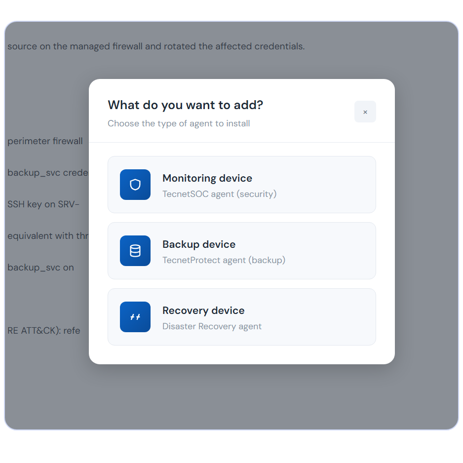 TecnetSOC portal: choose the agent to install