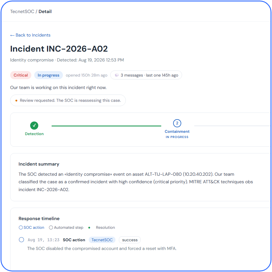 TecnetSOC portal: incident detail