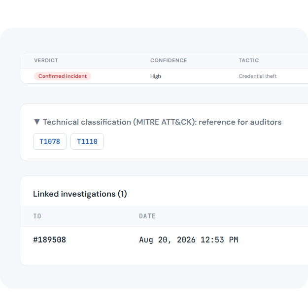 TecnetSOC portal: verdict and MITRE ATT&CK classification